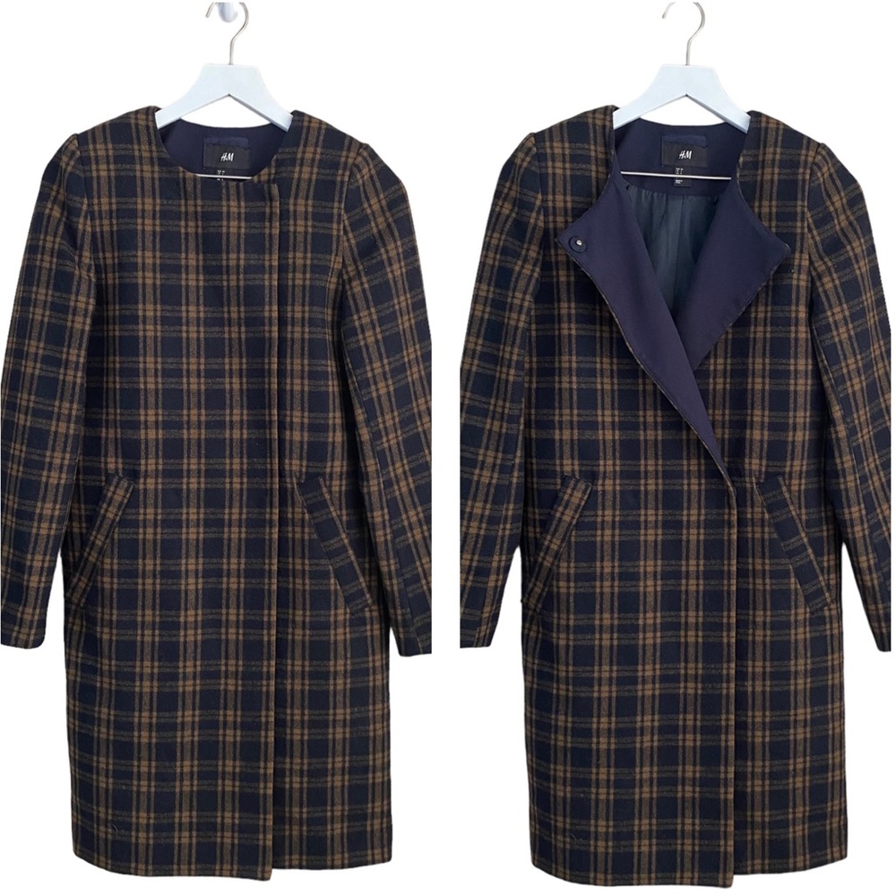 H&M Dark Navy‎ and Tan Classic Plaid Snap Closure Fully Lined Wool Jacket Size 4